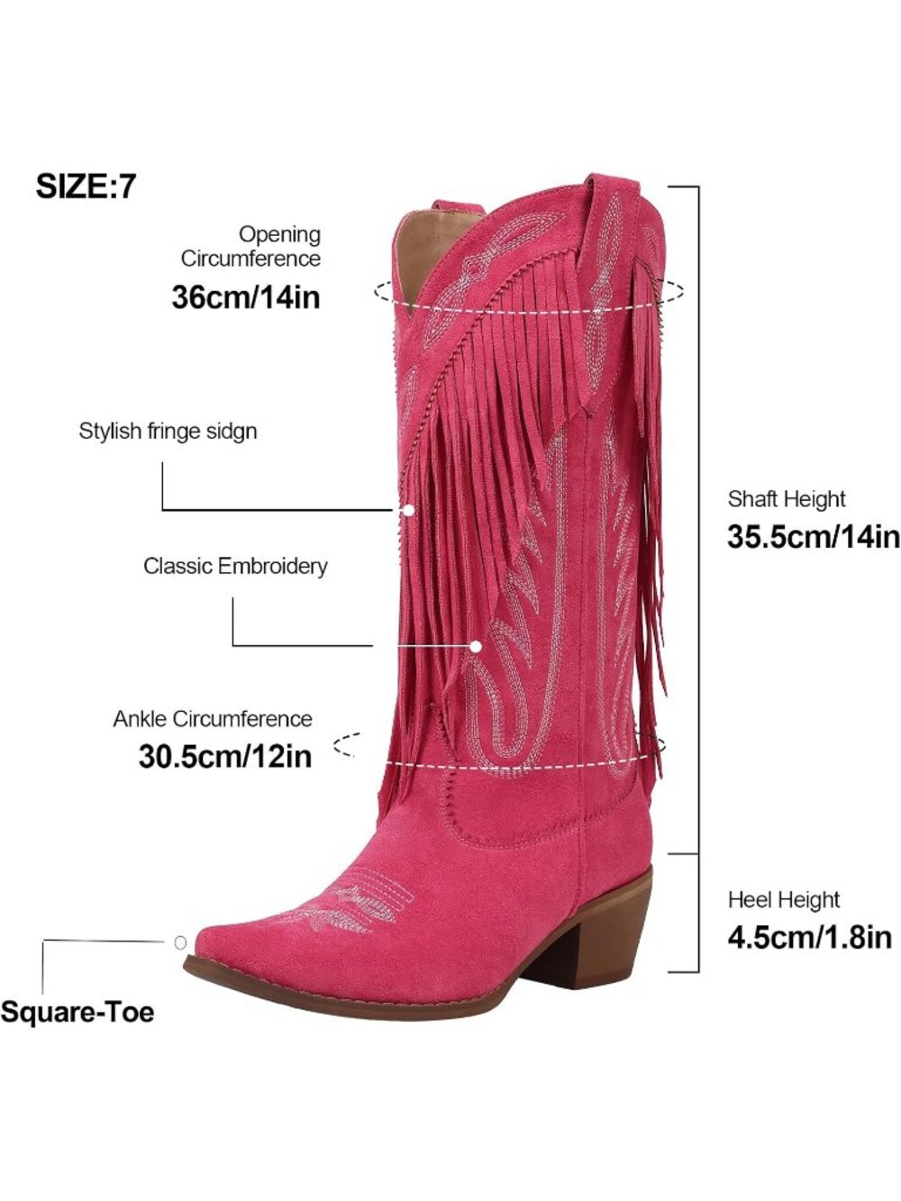 Women 02-Pink Leather Pull On Block Chunky Suede Fringe Cowboy Pointed Toe Boot - Picture 4 of 6